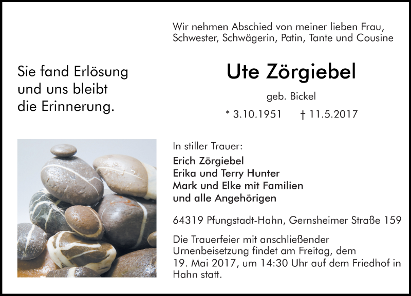  Traueranzeige für Ute Zörgiebel vom 17.05.2017 aus Trauerportal Echo Online