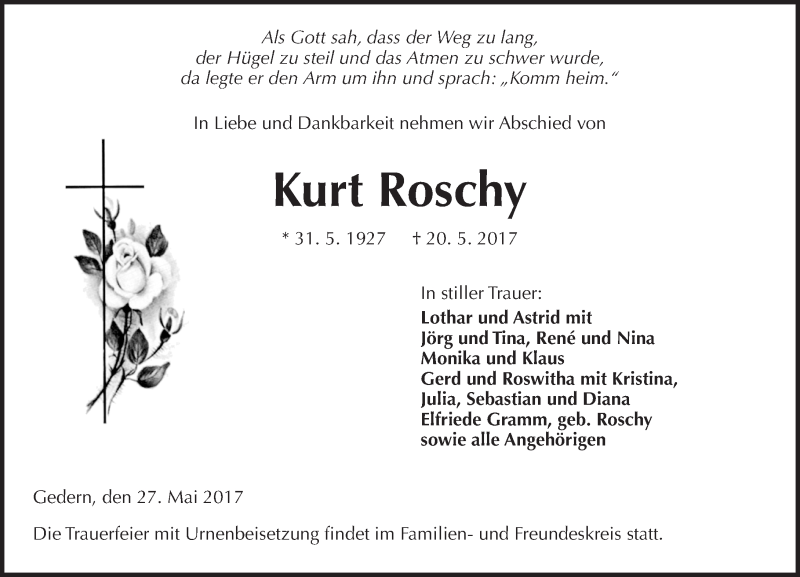 Traueranzeige für Kurt Roschy vom 27.05.2017 aus  Kreisanzeiger