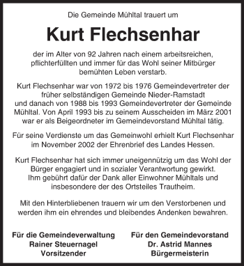 Traueranzeige von Kurt Flechsenhar von Trauerportal Echo Online