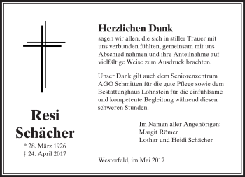 Traueranzeige von Resi Schächer von  Usinger Anzeiger
