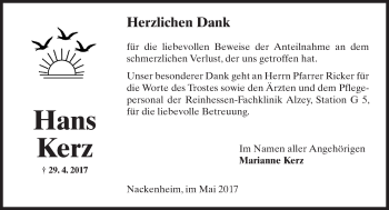 Traueranzeige von Hans Kerz von Trauerportal Rhein Main Presse