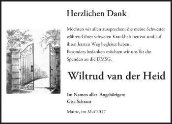Traueranzeige von Wiltrud  van der Heid von Trauerportal Rhein Main Presse