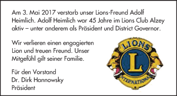 Traueranzeige von Adolf Heimlich von Trauerportal Rhein Main Presse