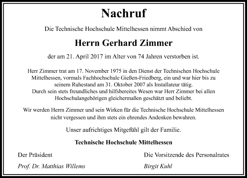  Traueranzeige für Gerhard Zimmer vom 13.05.2017 aus  Gießener Anzeiger