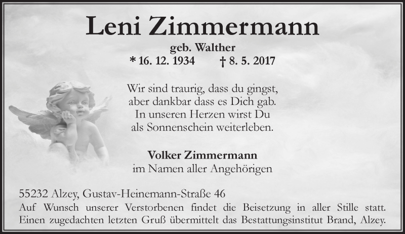  Traueranzeige für Leni Zimmermann vom 13.05.2017 aus Trauerportal Rhein Main Presse