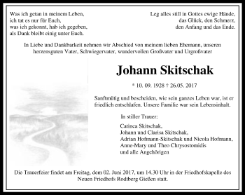 Traueranzeige von Johann Skitschak von  Gießener Anzeiger