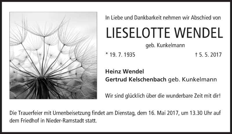  Traueranzeige für Lieselotte Wendel vom 13.05.2017 aus Trauerportal Echo Online