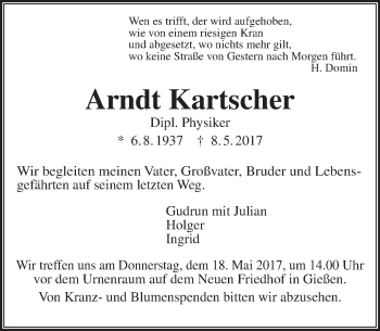Traueranzeige von Arndt Kartscher von  Gießener Anzeiger