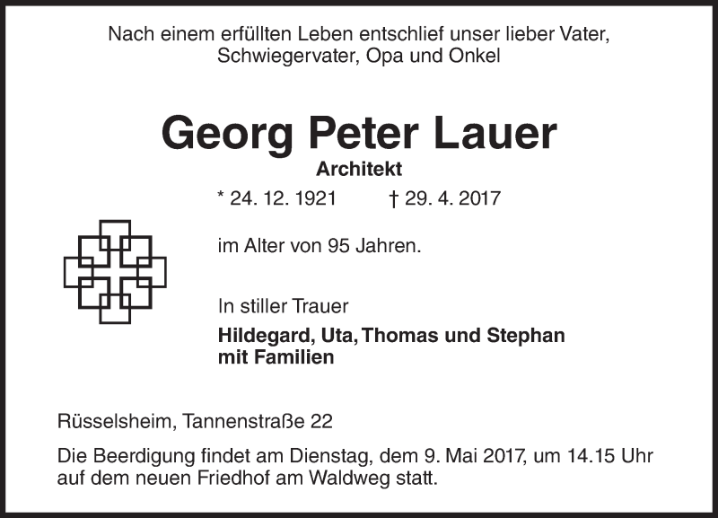  Traueranzeige für Georg Peter Lauer vom 06.05.2017 aus Trauerportal Rhein Main Presse