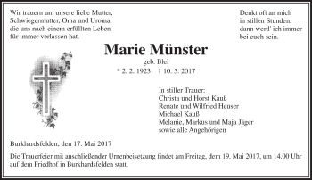 Traueranzeige von Marie Münster von  Gießener Anzeiger