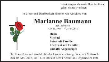 Traueranzeige von Marianne Baumann von Trauerportal Echo Online