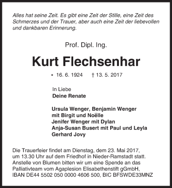 Traueranzeige von Kurt Flechsenhar von Trauerportal Echo Online