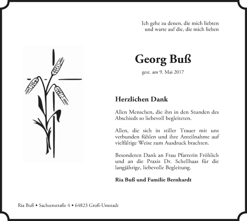  Traueranzeige für Georg Buß vom 30.05.2017 aus Trauerportal Echo Online