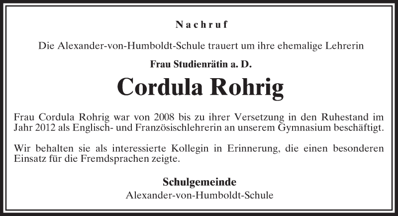  Traueranzeige für Cordula Rohrig vom 27.05.2017 aus VRM Trauer