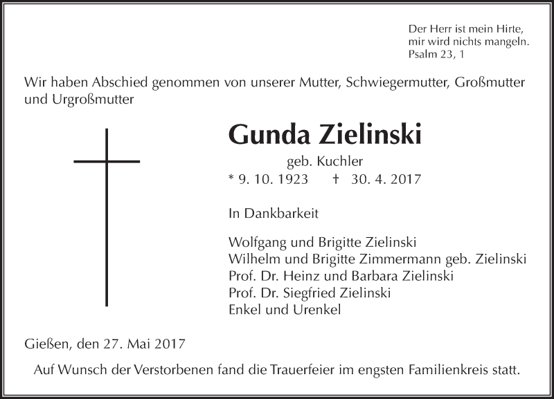  Traueranzeige für Gunda Zielinski vom 27.05.2017 aus  Gießener Anzeiger