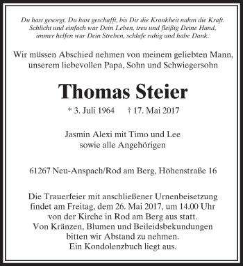 Traueranzeige von Thomas Steier von  Usinger Anzeiger