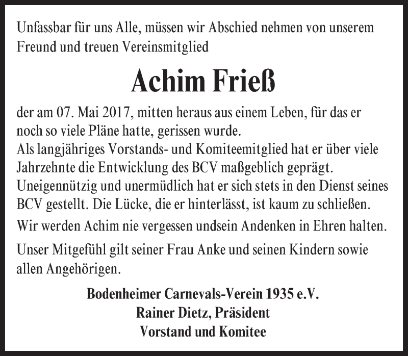  Traueranzeige für Achim Frieß vom 20.05.2017 aus Trauerportal Rhein Main Presse