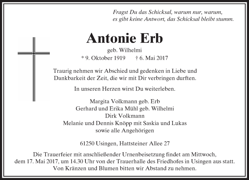  Traueranzeige für Antonie Erb vom 10.05.2017 aus  Usinger Anzeiger