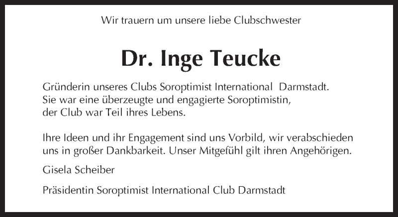  Traueranzeige für Inge Teucke vom 20.05.2017 aus Trauerportal Echo Online