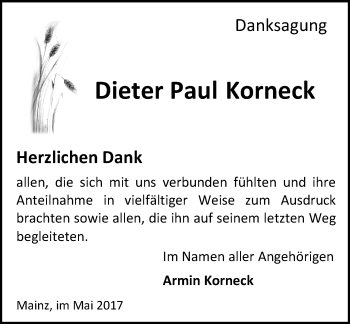 Traueranzeige von Dieter Paul Korneck von Trauerportal Rhein Main Presse