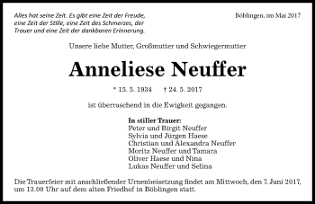 Traueranzeige von Anneliese Neuffer von Trauerportal Rhein Main Presse
