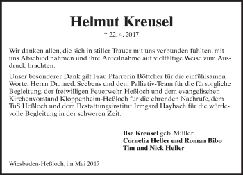 Traueranzeige von Helmut Kreusel von Trauerportal Rhein Main Presse