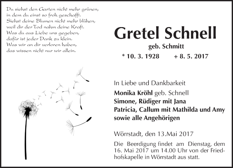  Traueranzeige für Gretel Schnell vom 13.05.2017 aus Trauerportal Rhein Main Presse