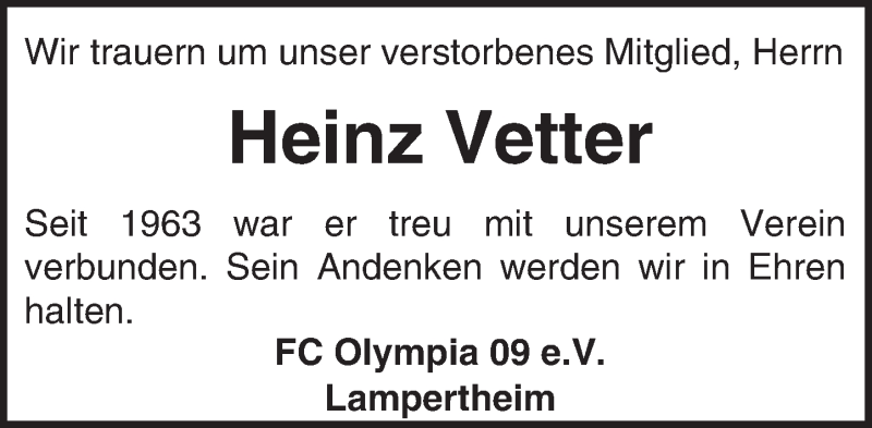  Traueranzeige für Heinz Vetter vom 04.05.2017 aus Trauerportal Echo Online