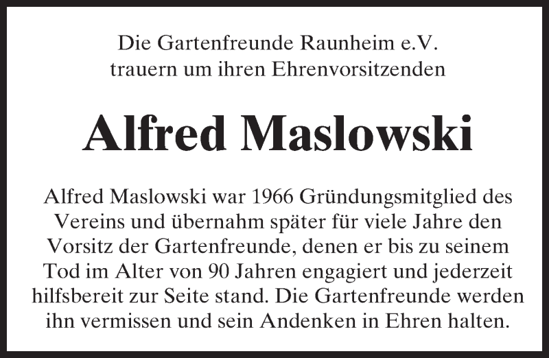  Traueranzeige für Alfred Maslowski vom 27.05.2017 aus Trauerportal Rhein Main Presse