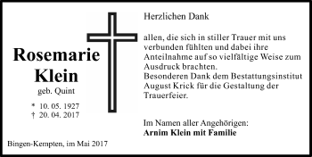 Traueranzeige von Rosemarie Klein von Trauerportal Rhein Main Presse