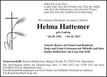Traueranzeige von Helma Hattemer von Trauerportal Rhein Main Presse