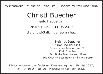 Traueranzeige von Christl Buecher von Trauerportal Echo Online