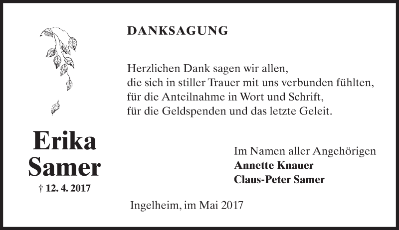  Traueranzeige für Erika Samer vom 27.05.2017 aus Trauerportal Rhein Main Presse