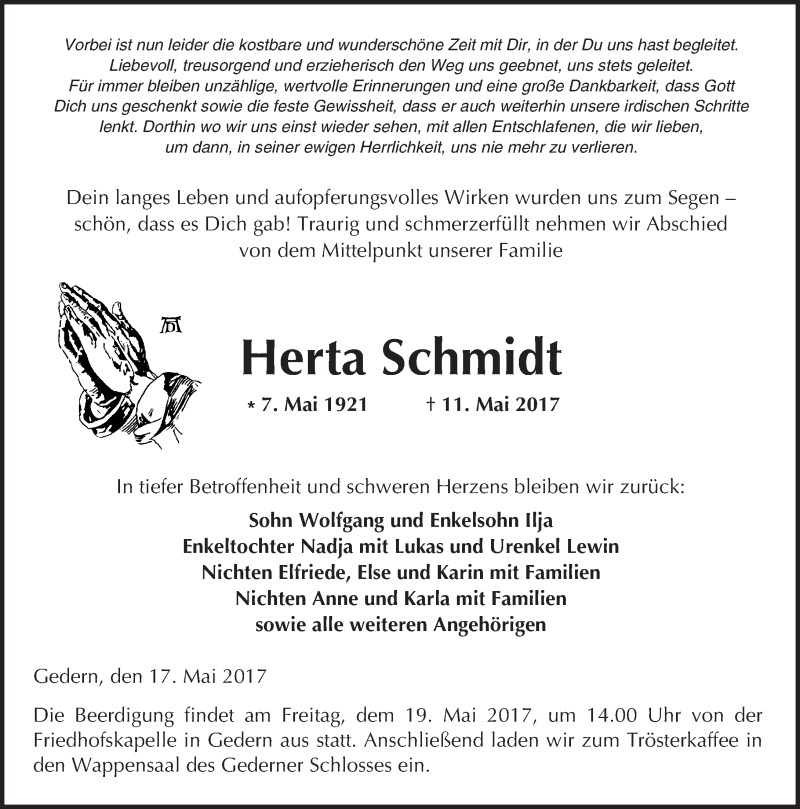  Traueranzeige für Herta Schmidt vom 17.05.2017 aus  Kreisanzeiger