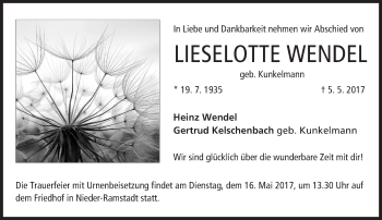 Traueranzeige von Lieselotte Wendel von Trauerportal Echo Online