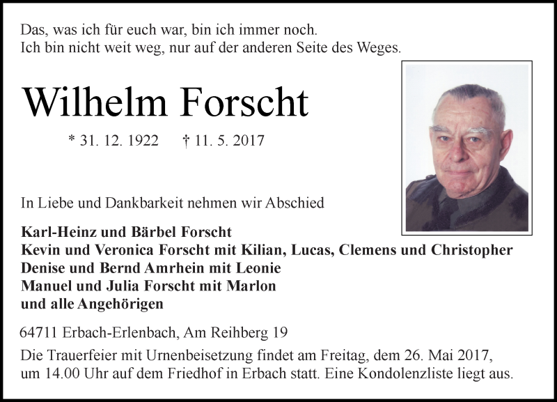  Traueranzeige für Wilhelm Forscht vom 20.05.2017 aus Trauerportal Echo Online