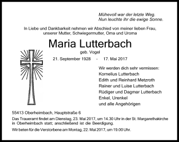 Traueranzeige von Maria Lutterbach von Trauerportal Rhein Main Presse