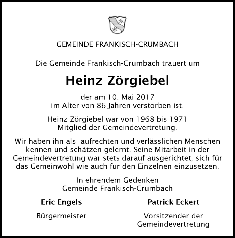  Traueranzeige für Heinz Zörgiebel vom 17.05.2017 aus Trauerportal Echo Online