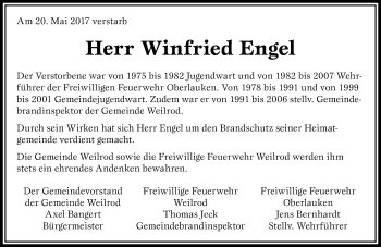 Traueranzeige von Winfried Engel von  Usinger Anzeiger