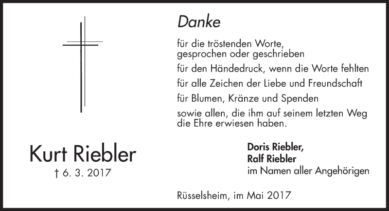  Traueranzeige für Kurt Riebler vom 06.05.2017 aus Trauerportal Rhein Main Presse