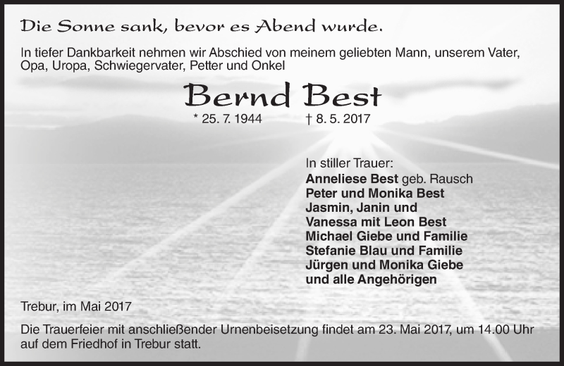  Traueranzeige für Bernd Best vom 18.05.2017 aus Trauerportal Rhein Main Presse