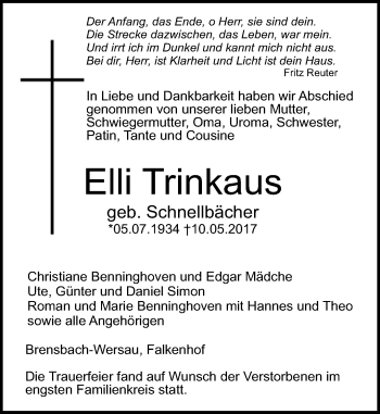 Traueranzeige von Elli Trinkaus von Trauerportal Echo Online