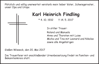 Traueranzeige von Karl Heinrich Findling von  Gießener Anzeiger