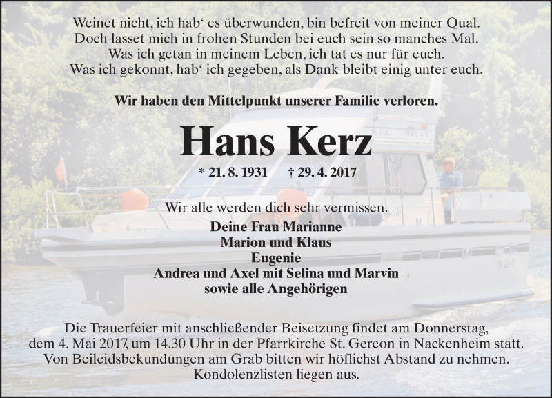  Traueranzeige für Hans Kerz vom 03.05.2017 aus Trauerportal Rhein Main Presse
