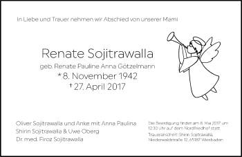 Traueranzeige von Renate Pauline Anna Sojitrawalla von Trauerportal Rhein Main Presse
