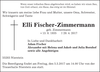 Traueranzeige von Elli Fischer-Zimmermann von Trauerportal Rhein Main Presse