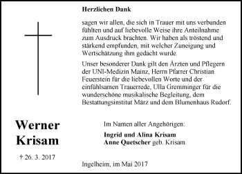 Traueranzeige von Werner Krisam von Trauerportal Rhein Main Presse