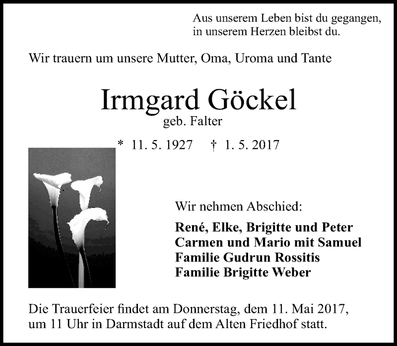  Traueranzeige für Irmgard Göckel vom 06.05.2017 aus Trauerportal Echo Online