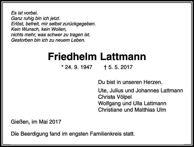  Traueranzeige für Friedhelm Lattmann vom 13.05.2017 aus  Gießener Anzeiger