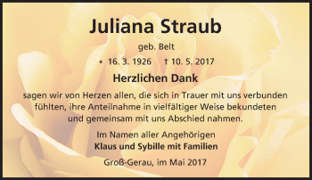 Traueranzeige von Juliana Straub von Trauerportal Echo Online